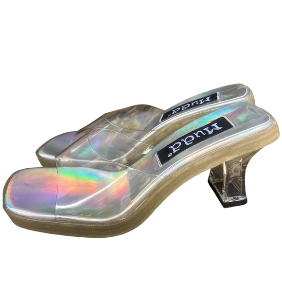 Mudd Vintage Y2K Clear Holographic Square Toe Chunky Kitten Heels Size 8 - Picture 4 of 9